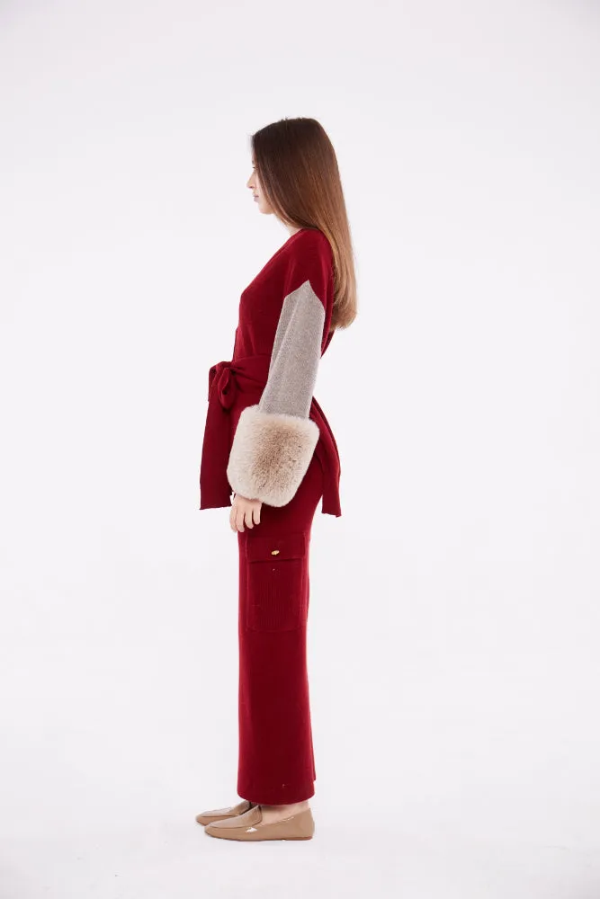 Tie Detail Faux Cuff Cardigan in Crimson, Rice Flower and Sand