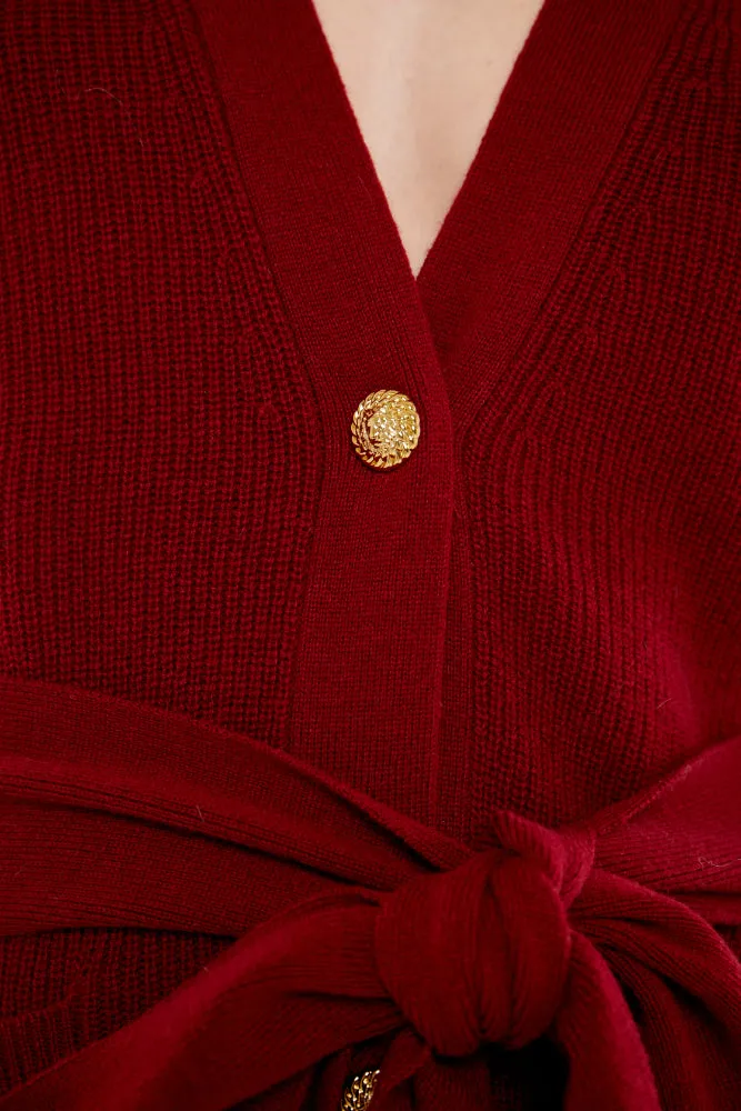 Tie Detail Faux Cuff Cardigan in Crimson, Rice Flower and Sand