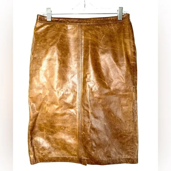 Tommy Hilfiger Women Size 6 Brown Genuine Leather Pencil Skirt Patina Treatment