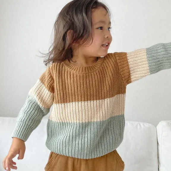 Tri-Tone Chunky Knit Sweater - Caramel Stripe
