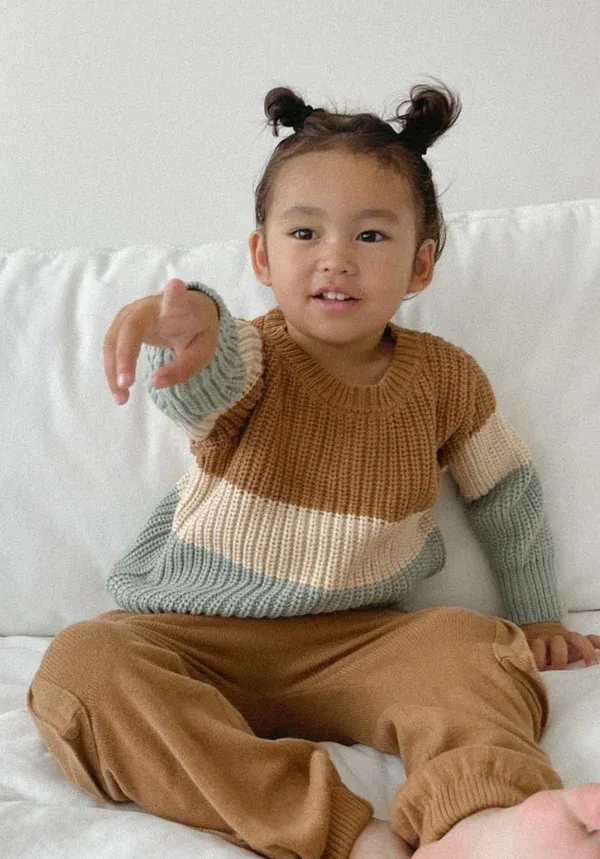 Tri-Tone Chunky Knit Sweater - Caramel Stripe