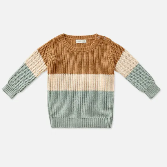 Tri-Tone Chunky Knit Sweater - Caramel Stripe