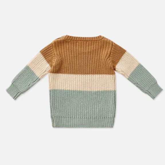 Tri-Tone Chunky Knit Sweater - Caramel Stripe