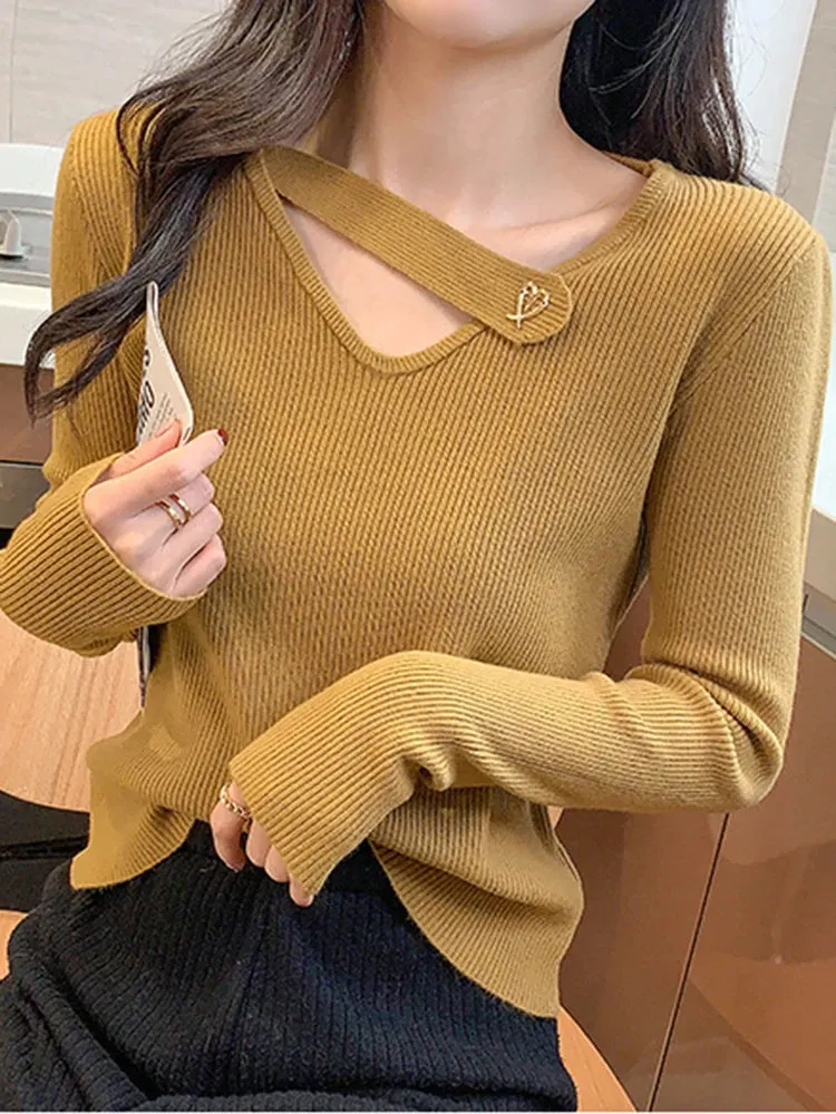 V-neck Hollow-out Knit Pullover