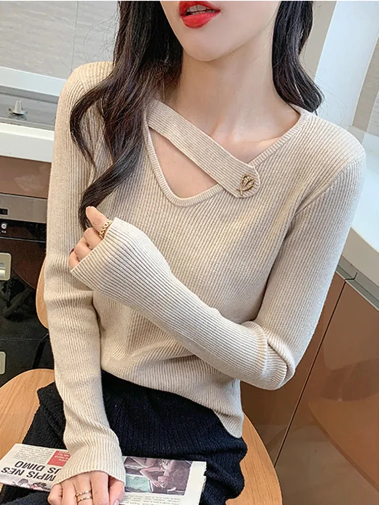 V-neck Hollow-out Knit Pullover