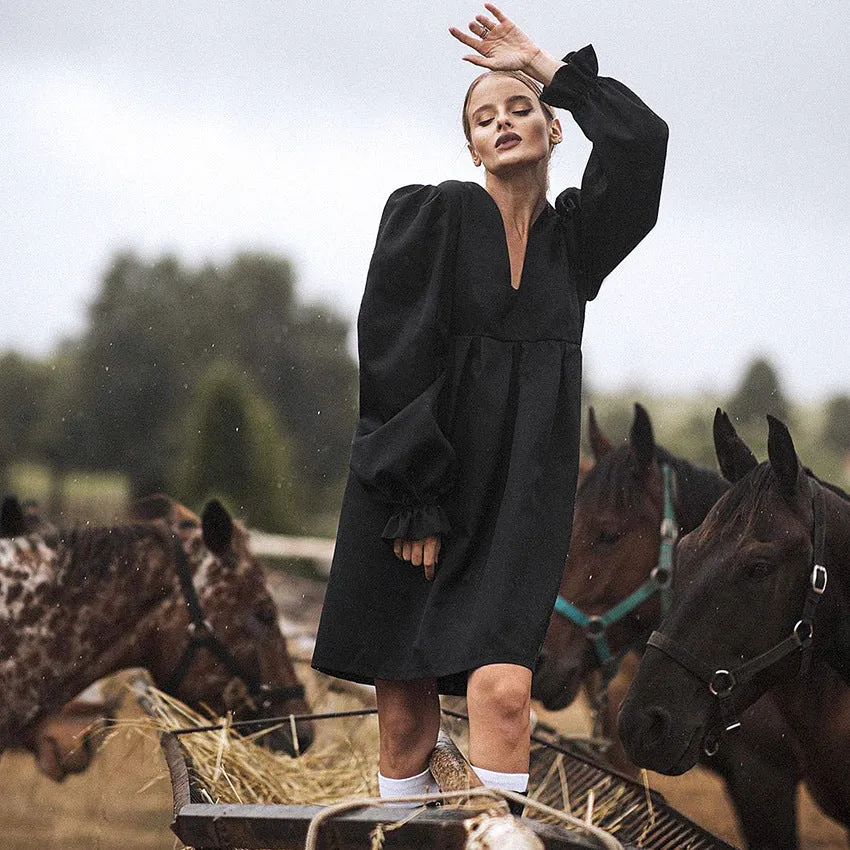 V-neck Lantern Puff Sleeve Square Collar Mini Dresses