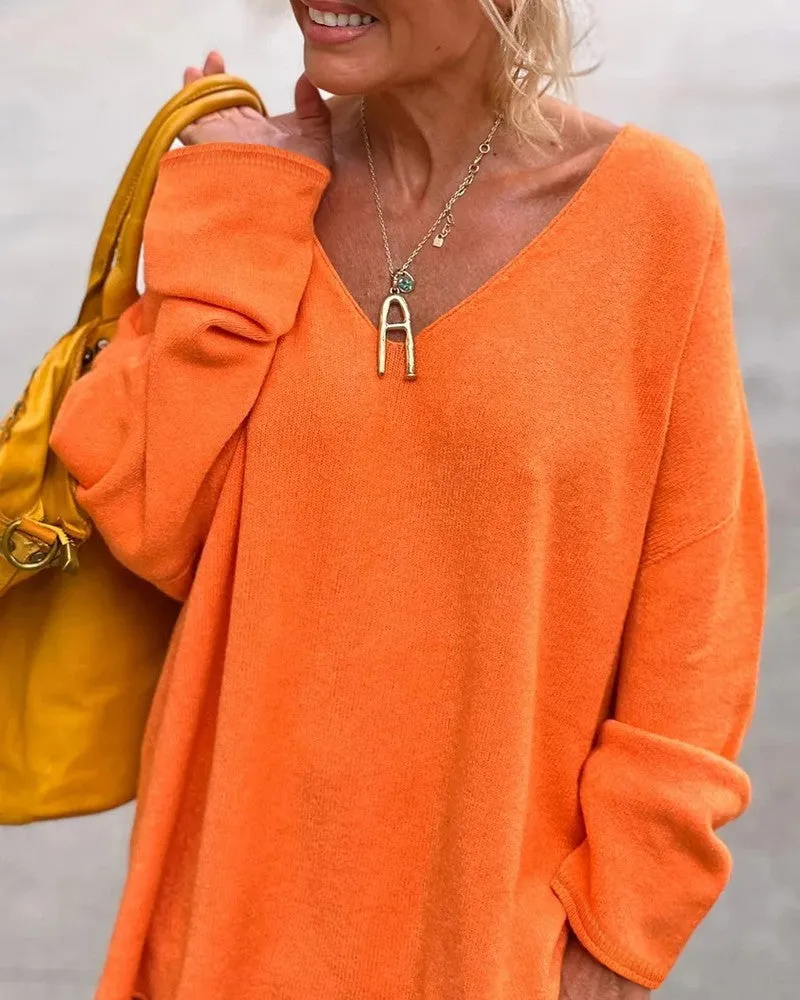 V Neck Long Sleeve Slit Casual Knit Sweater