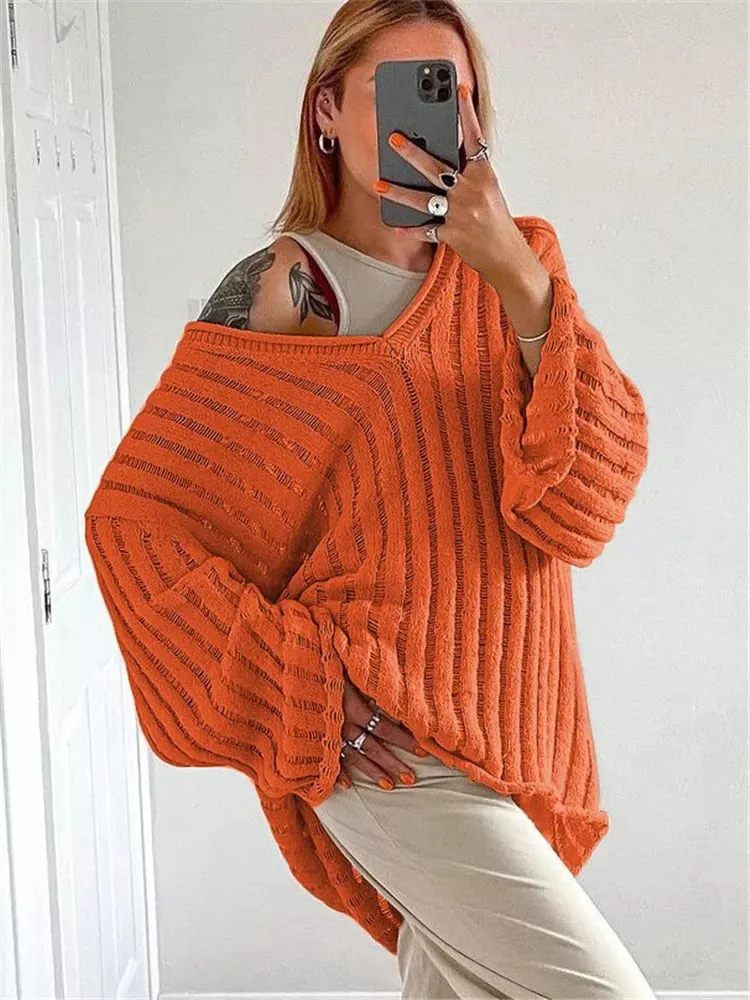 V-Neck One-Shoulder Down Loose Winter Sweaters