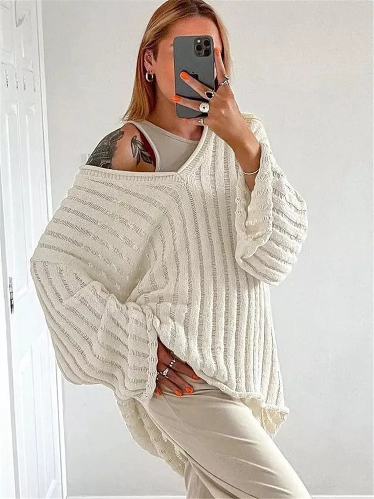 V-Neck One-Shoulder Down Loose Winter Sweaters