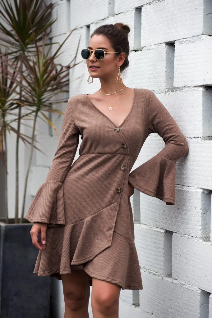 V-neck Ruffled Horn Sleeve Buttoned Knit Mini Dresses