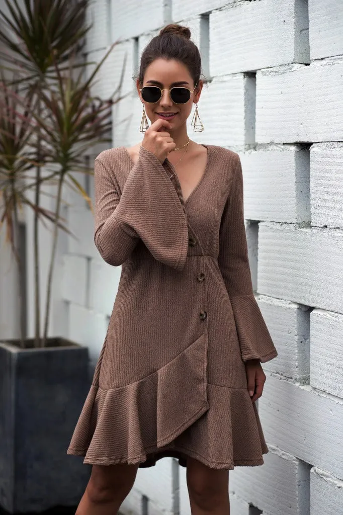 V-neck Ruffled Horn Sleeve Buttoned Knit Mini Dresses