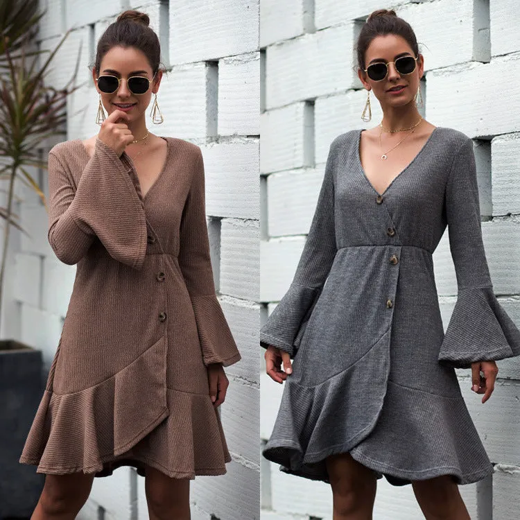 V-neck Ruffled Horn Sleeve Buttoned Knit Mini Dresses