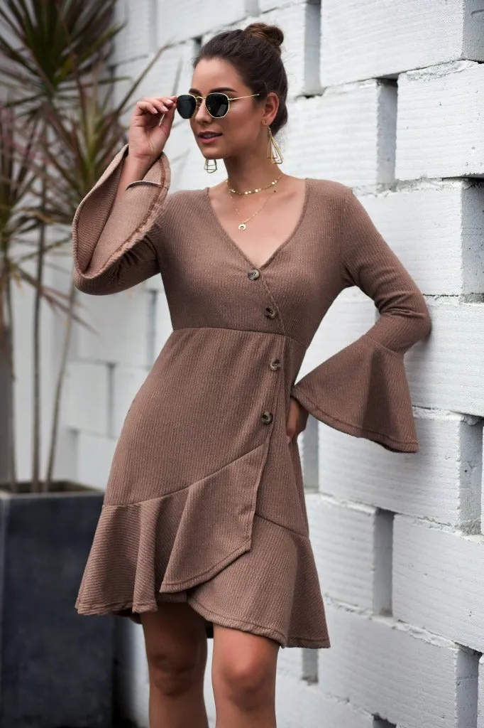 V-neck Ruffled Horn Sleeve Buttoned Knit Mini Dresses