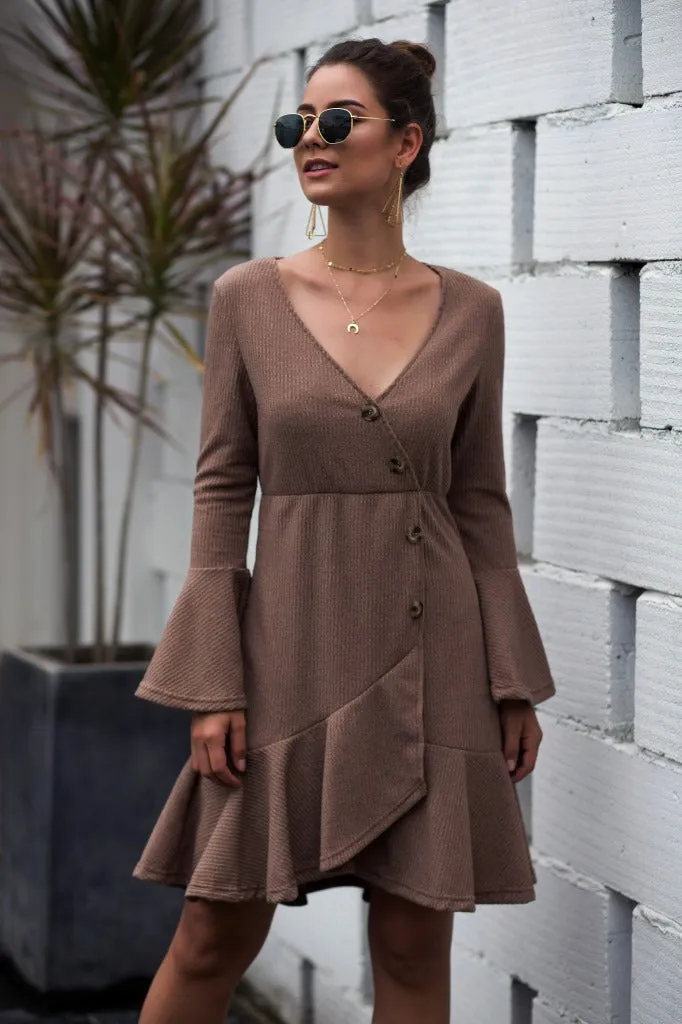V-neck Ruffled Horn Sleeve Buttoned Knit Mini Dresses