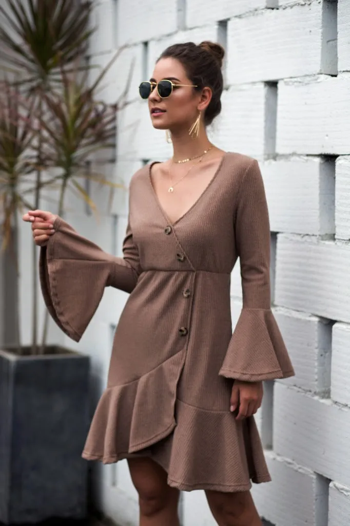 V-neck Ruffled Horn Sleeve Buttoned Knit Mini Dresses