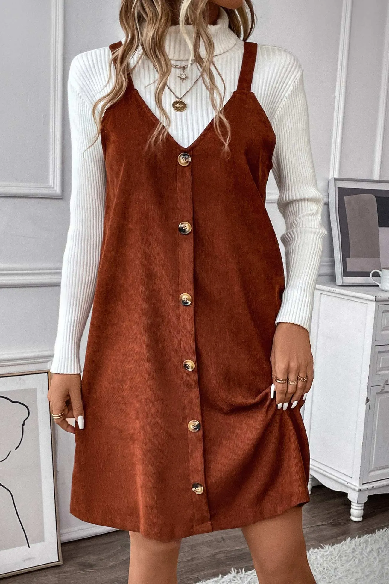V Neck Single-breasted Corduroy Cami Dress