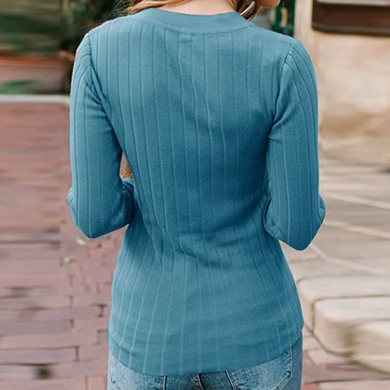 V-Neck Solid Color Slim Fit Ladies Sweater