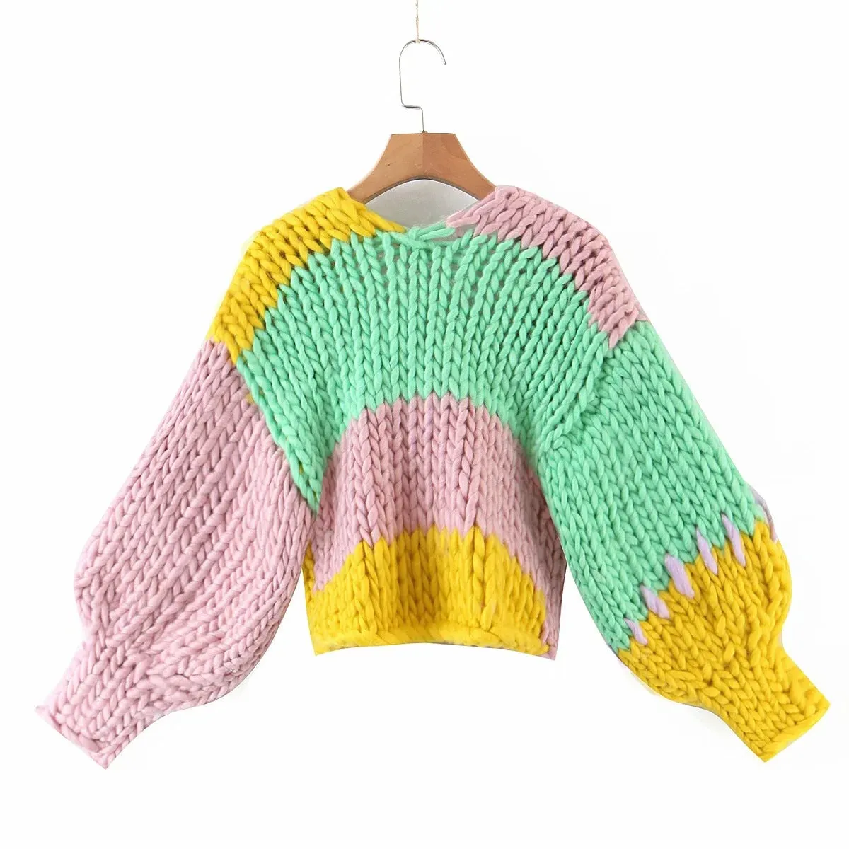 V-neck Stripe Lantern Sleeve Knit Sweater Outerwear