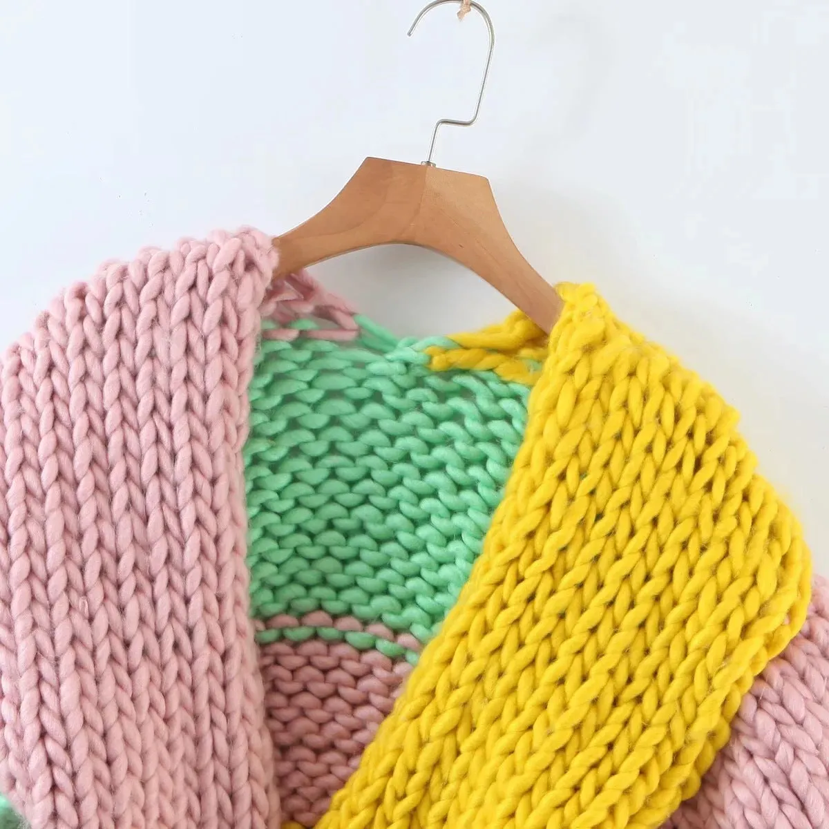V-neck Stripe Lantern Sleeve Knit Sweater Outerwear