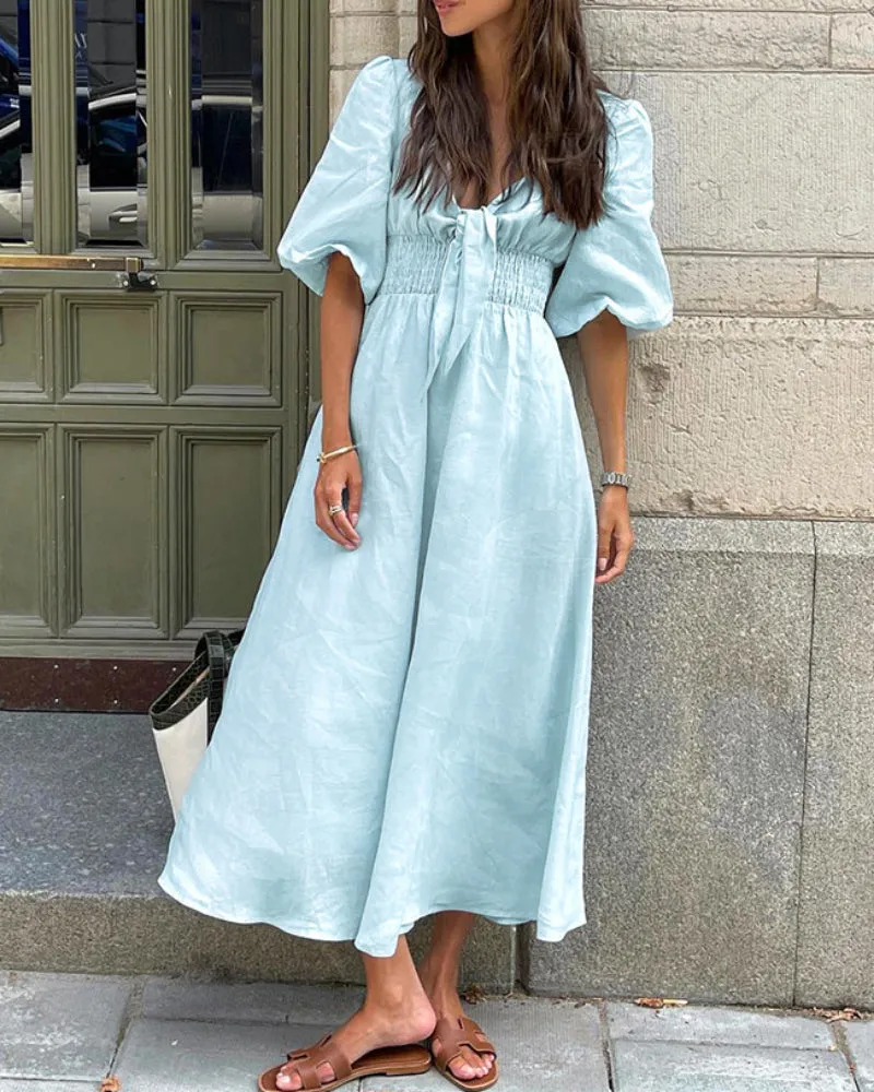 V Neck Tie Elastic Waist Bubble Sleeve Linen Midi Dresses