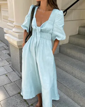 V Neck Tie Elastic Waist Bubble Sleeve Linen Midi Dresses