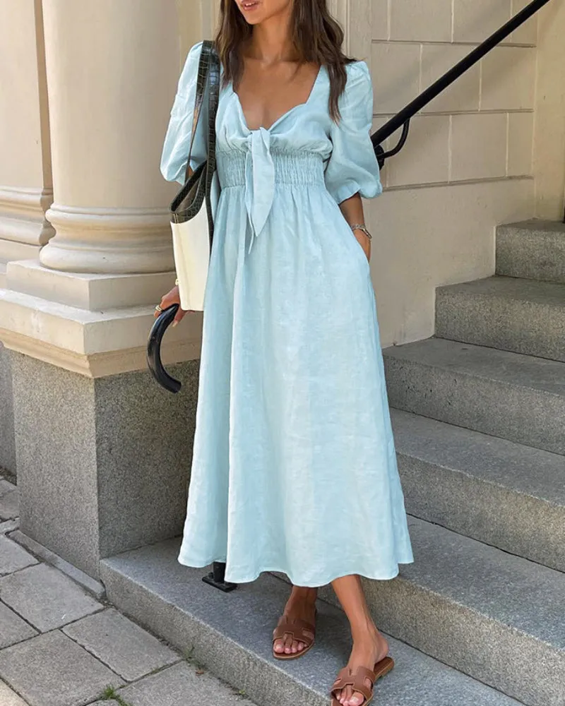 V Neck Tie Elastic Waist Bubble Sleeve Linen Midi Dresses