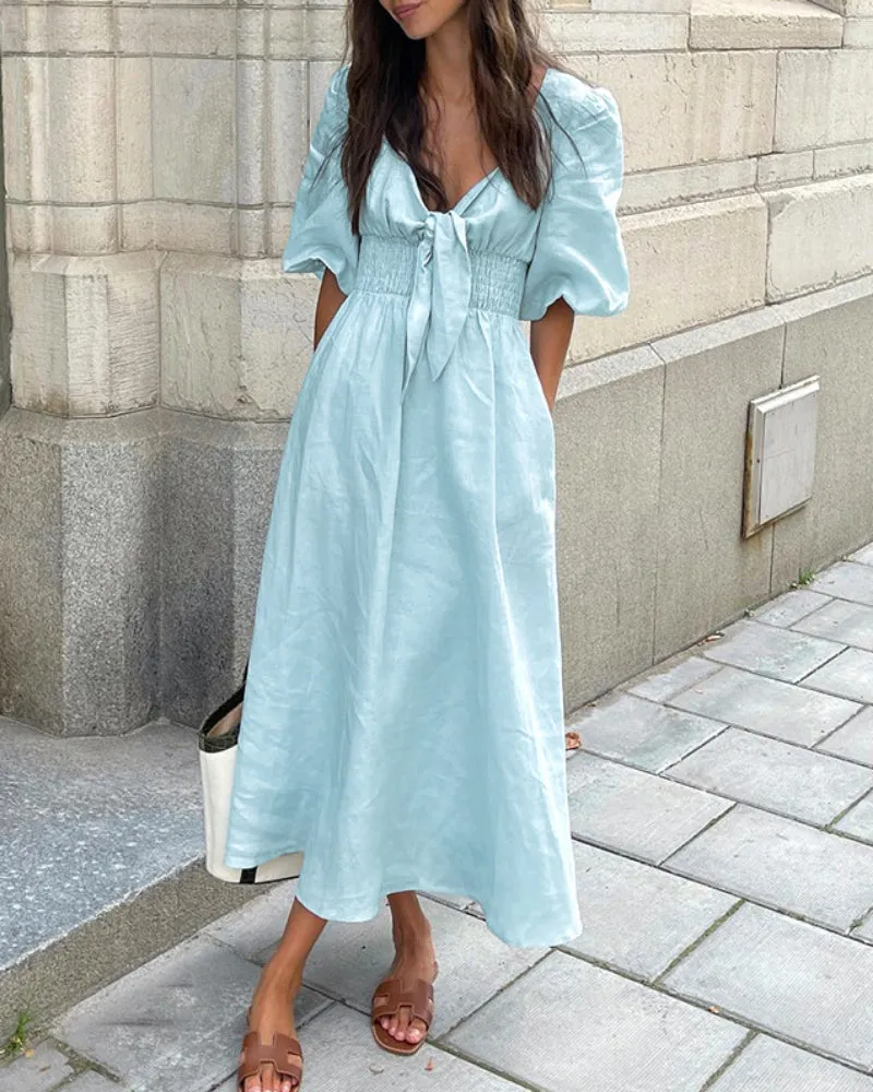 V Neck Tie Elastic Waist Bubble Sleeve Linen Midi Dresses