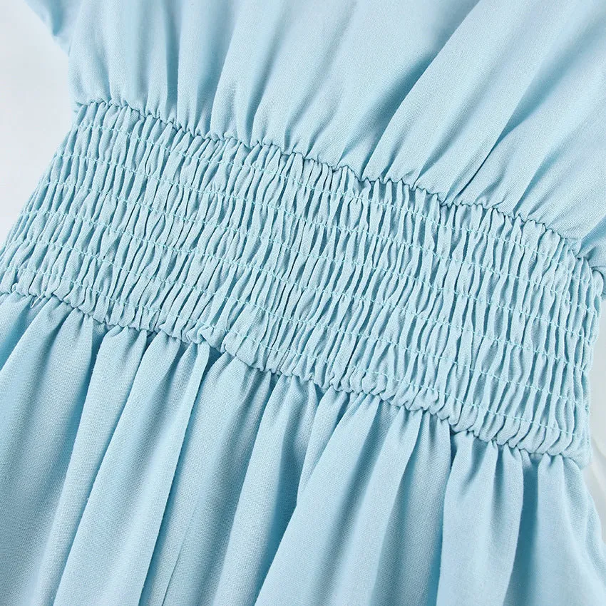V Neck Tie Elastic Waist Bubble Sleeve Linen Midi Dresses