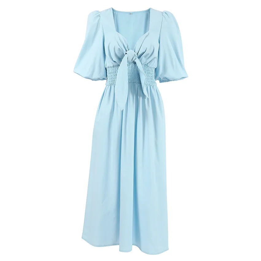 V Neck Tie Elastic Waist Bubble Sleeve Linen Midi Dresses