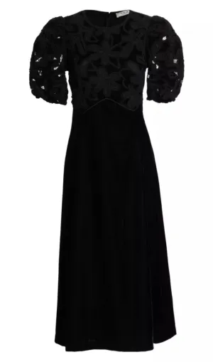 Velvet Puff Sleeve Embroidered Midi Dress in black