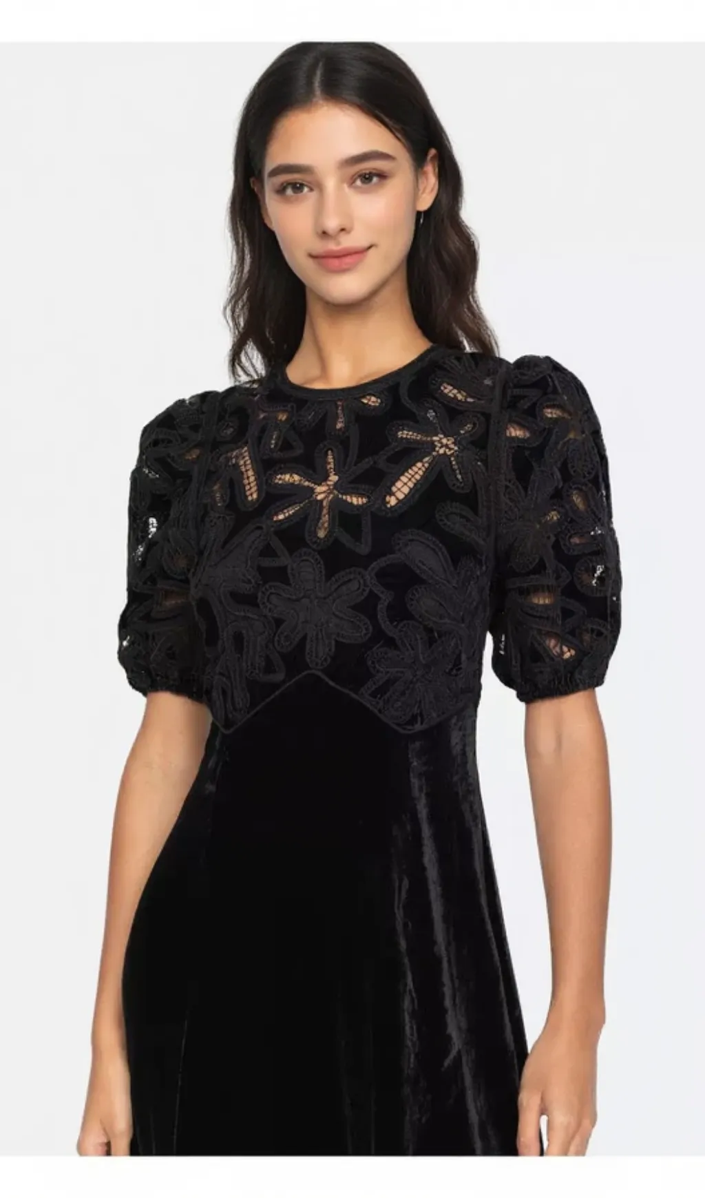 Velvet Puff Sleeve Embroidered Midi Dress in black