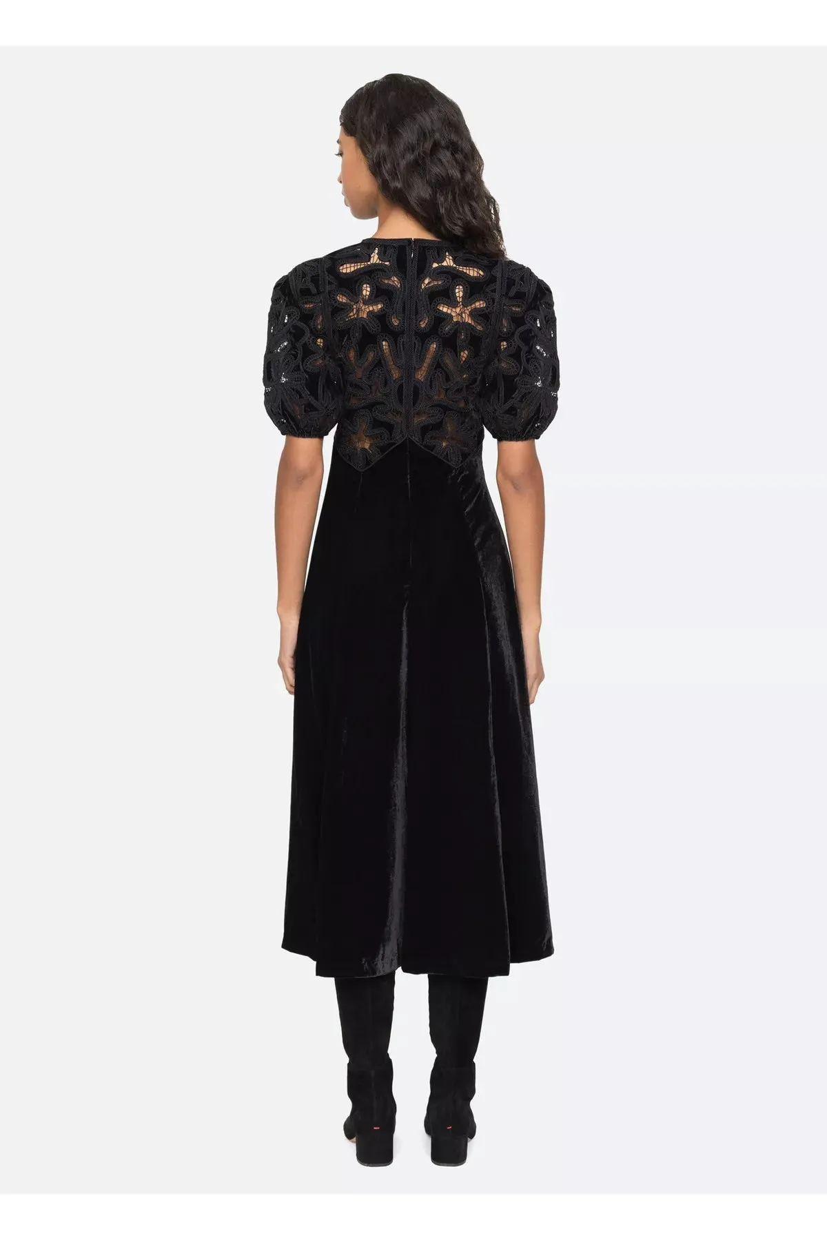 Velvet Puff Sleeve Embroidered Midi Dress in black