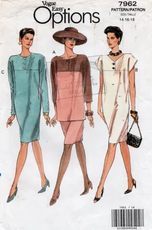 Very Easy Vogue 7962 Womens Tapered Dress Tunic & Skirt 1990s Vintage Sewing Pattern Size 14