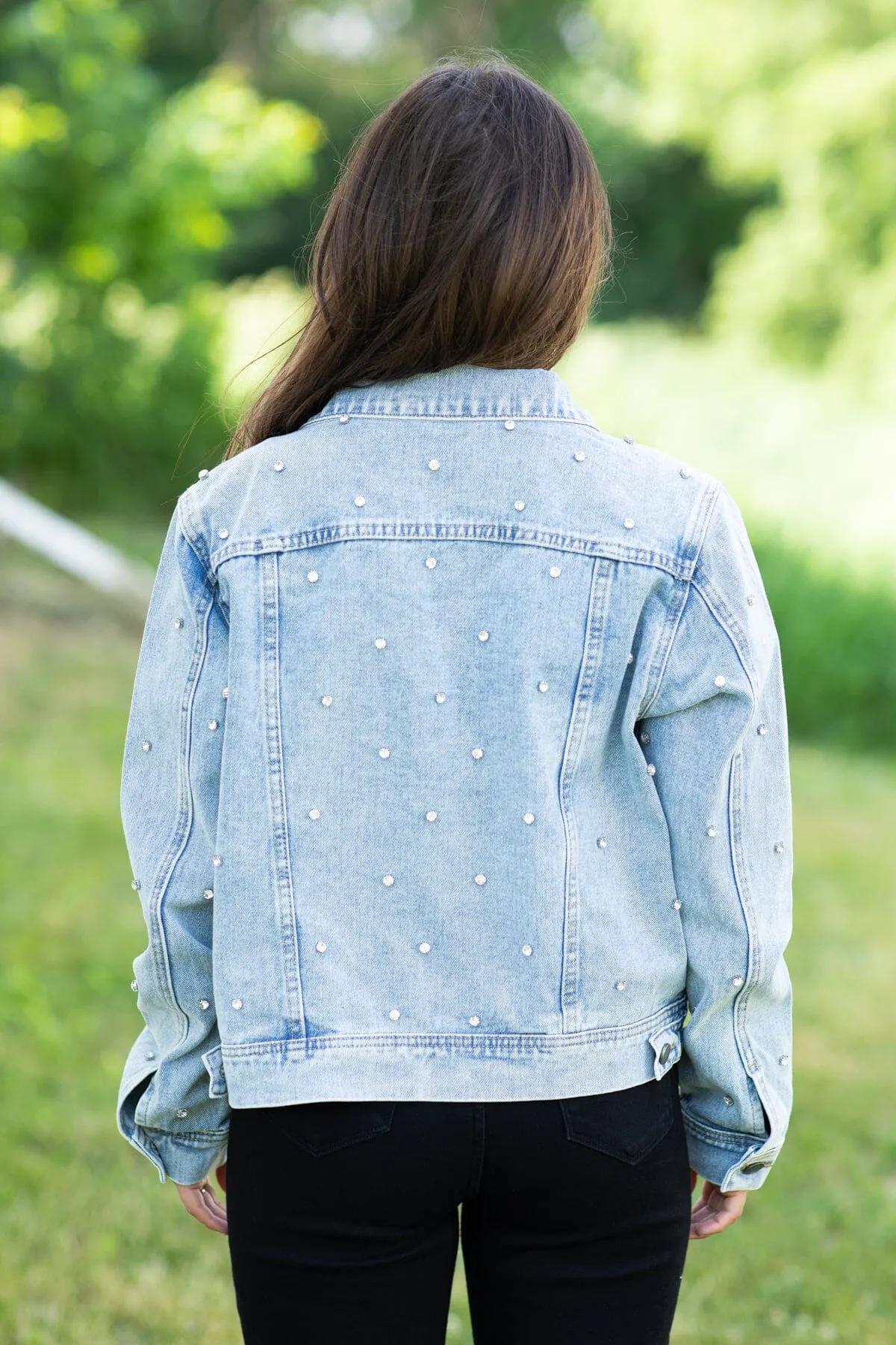 Veveret Light Wash Rhinestone Denim Jacket