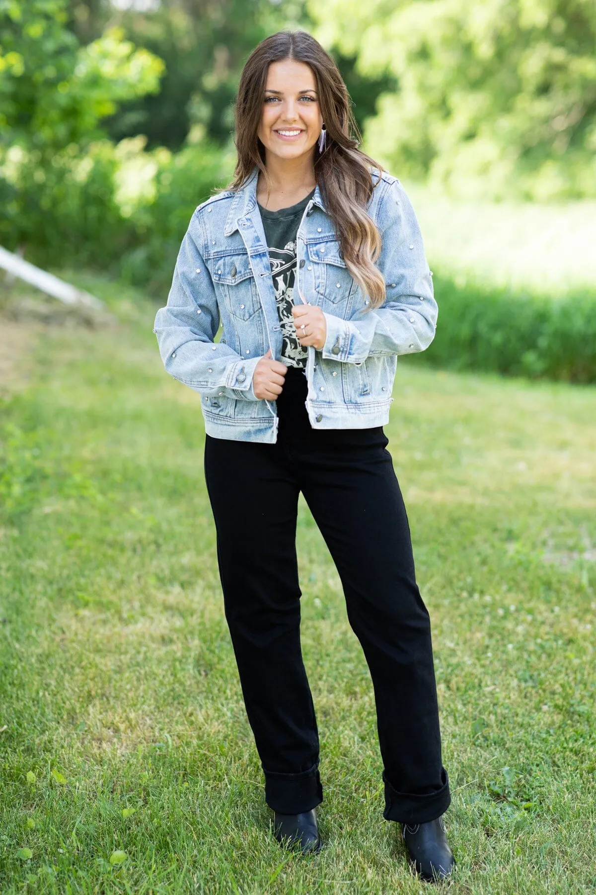 Veveret Light Wash Rhinestone Denim Jacket