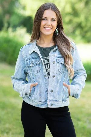Veveret Light Wash Rhinestone Denim Jacket