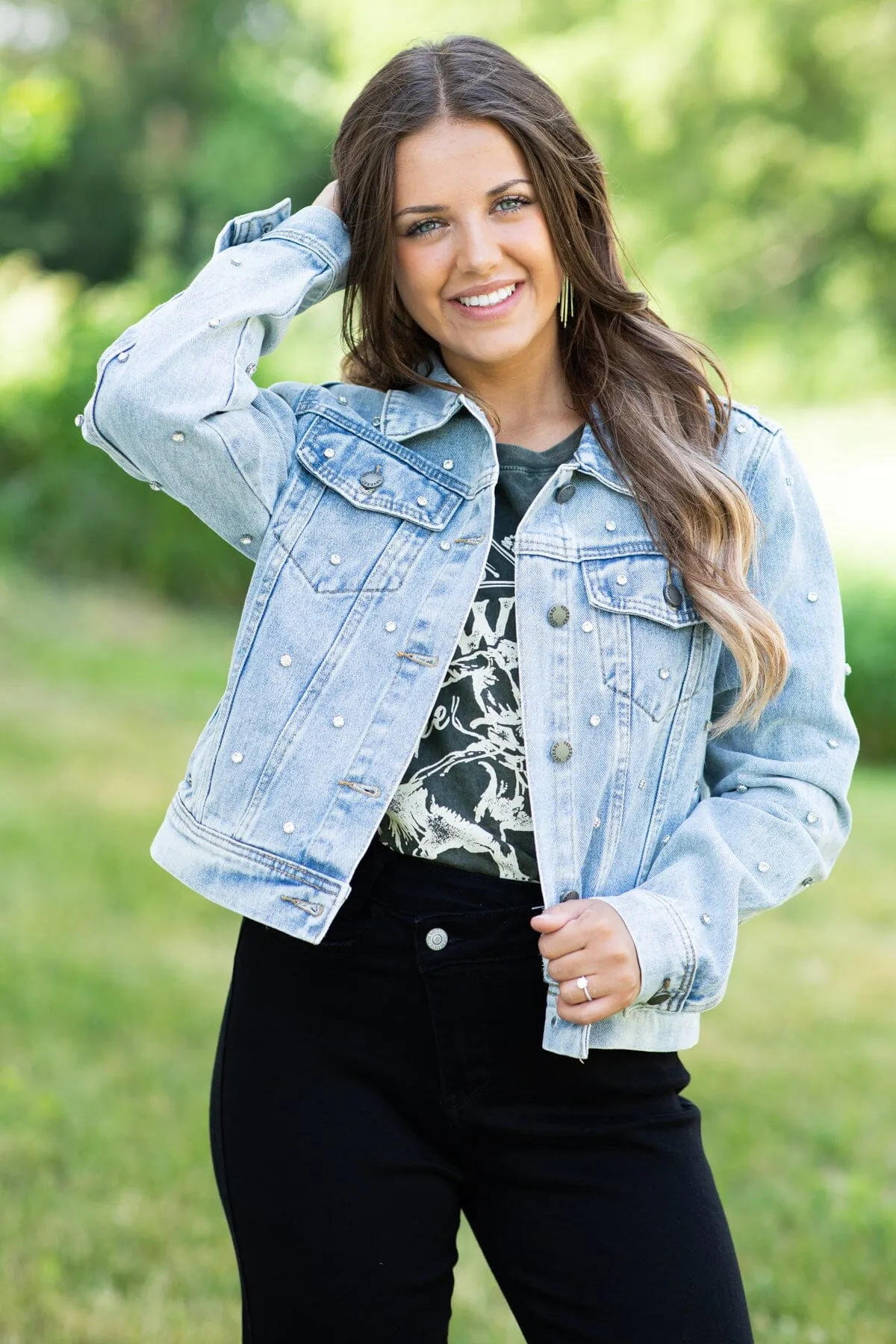 Veveret Light Wash Rhinestone Denim Jacket