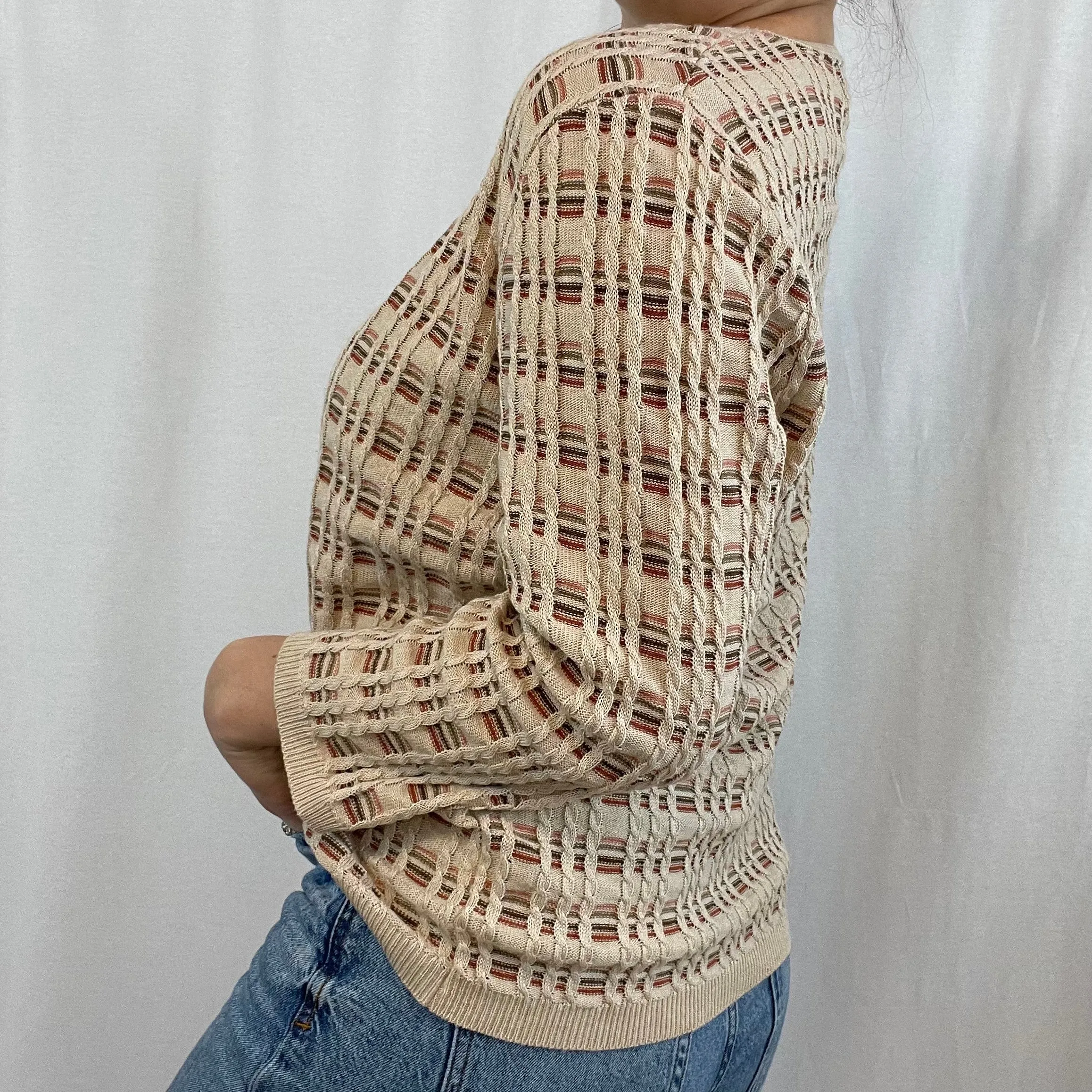 Vintage Alfred Dunner Tan Striped Cable Knit Sweater size Large