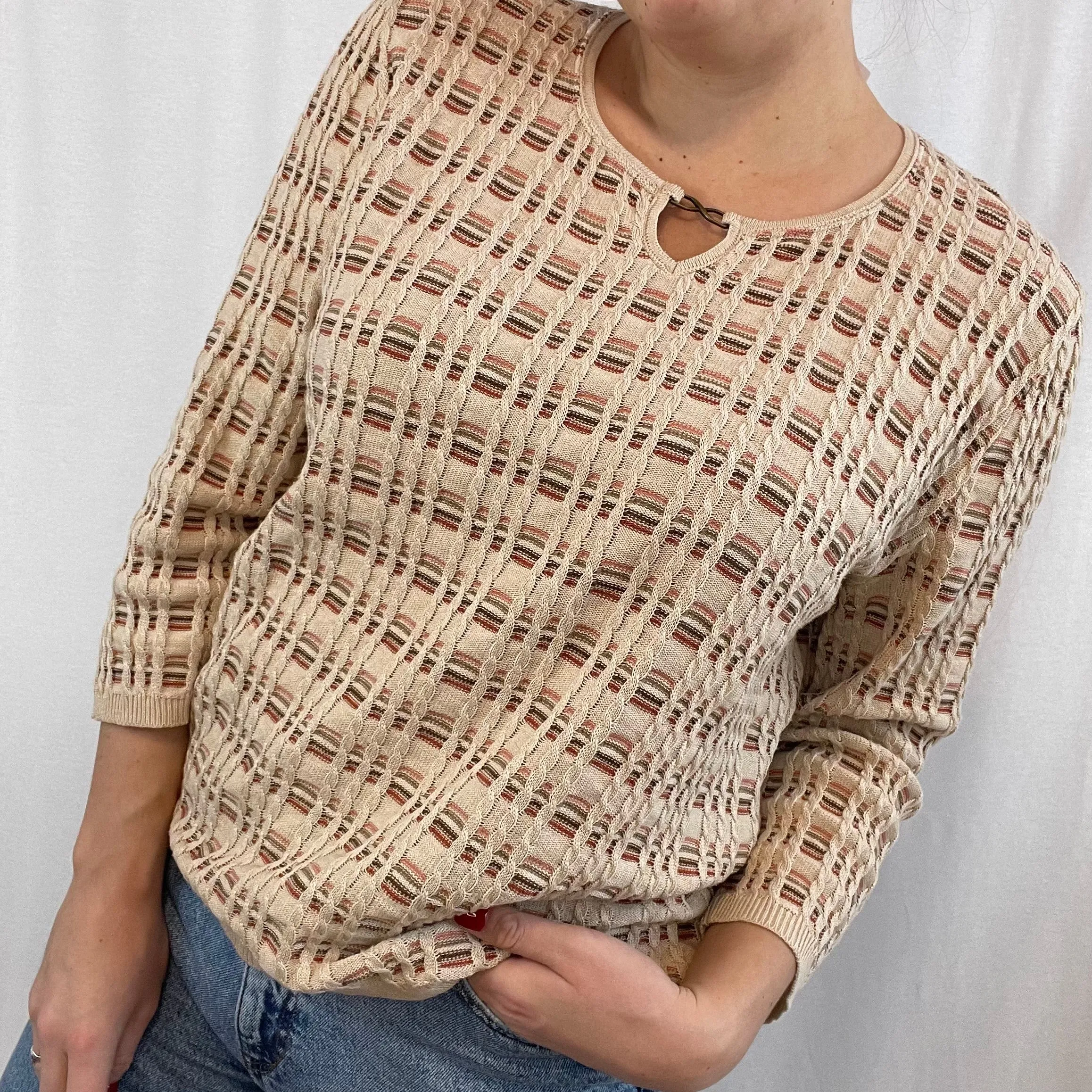 Vintage Alfred Dunner Tan Striped Cable Knit Sweater size Large