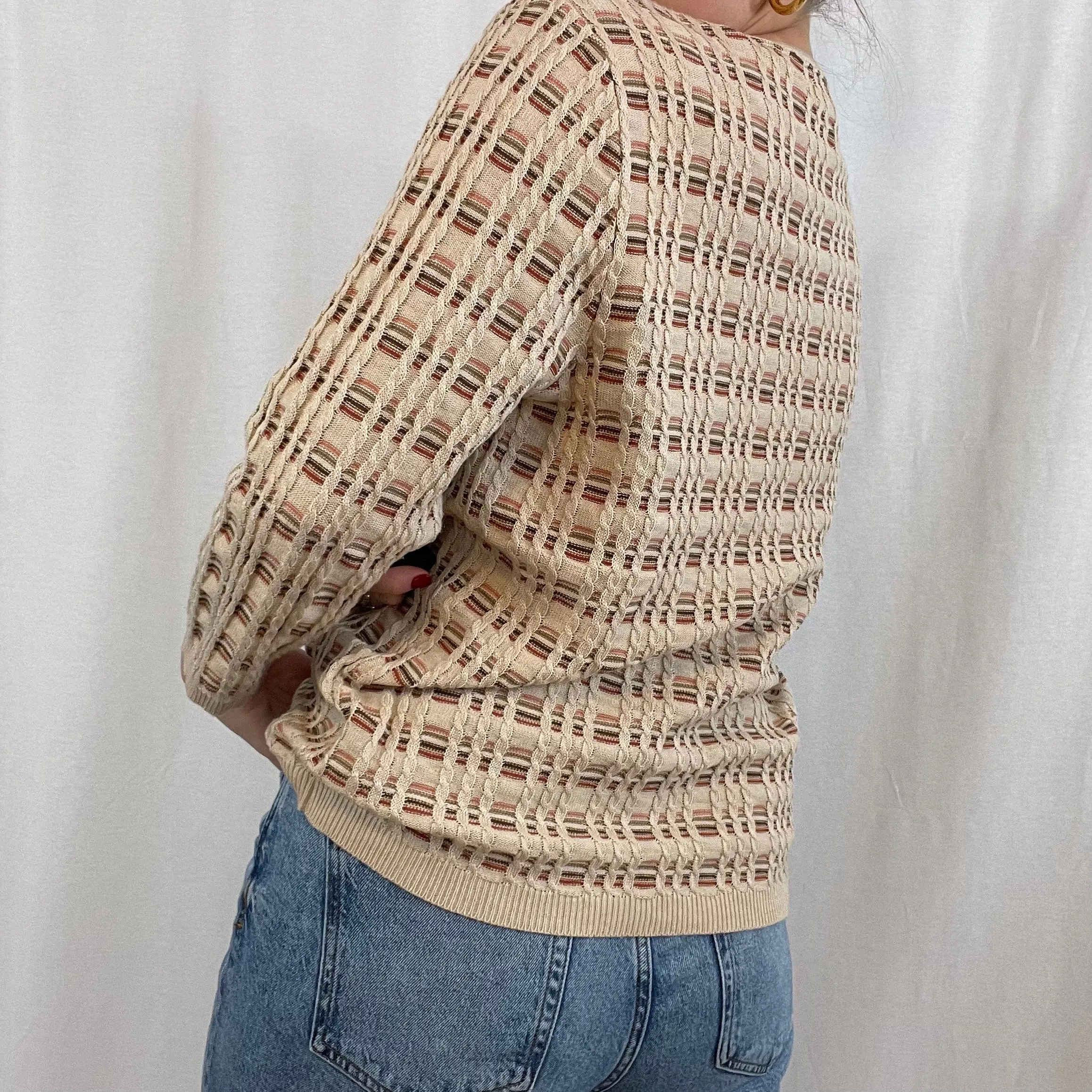 Vintage Alfred Dunner Tan Striped Cable Knit Sweater size Large