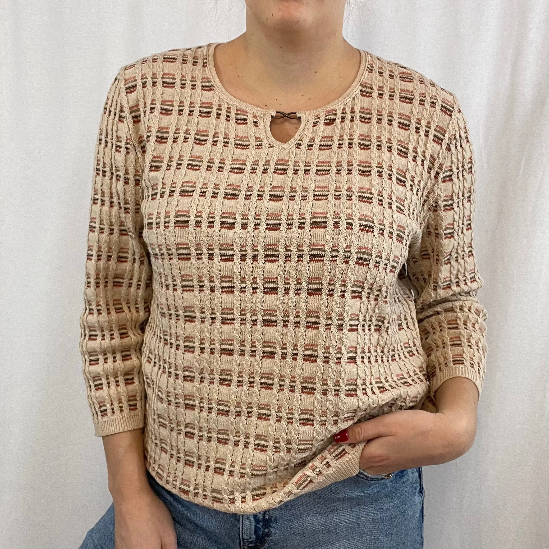 Vintage Alfred Dunner Tan Striped Cable Knit Sweater size Large