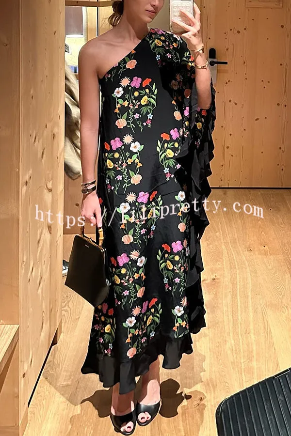 Vintage and Modern Floral and Shell Print One Shoulder Ruffle Trim Loose Midi Dress
