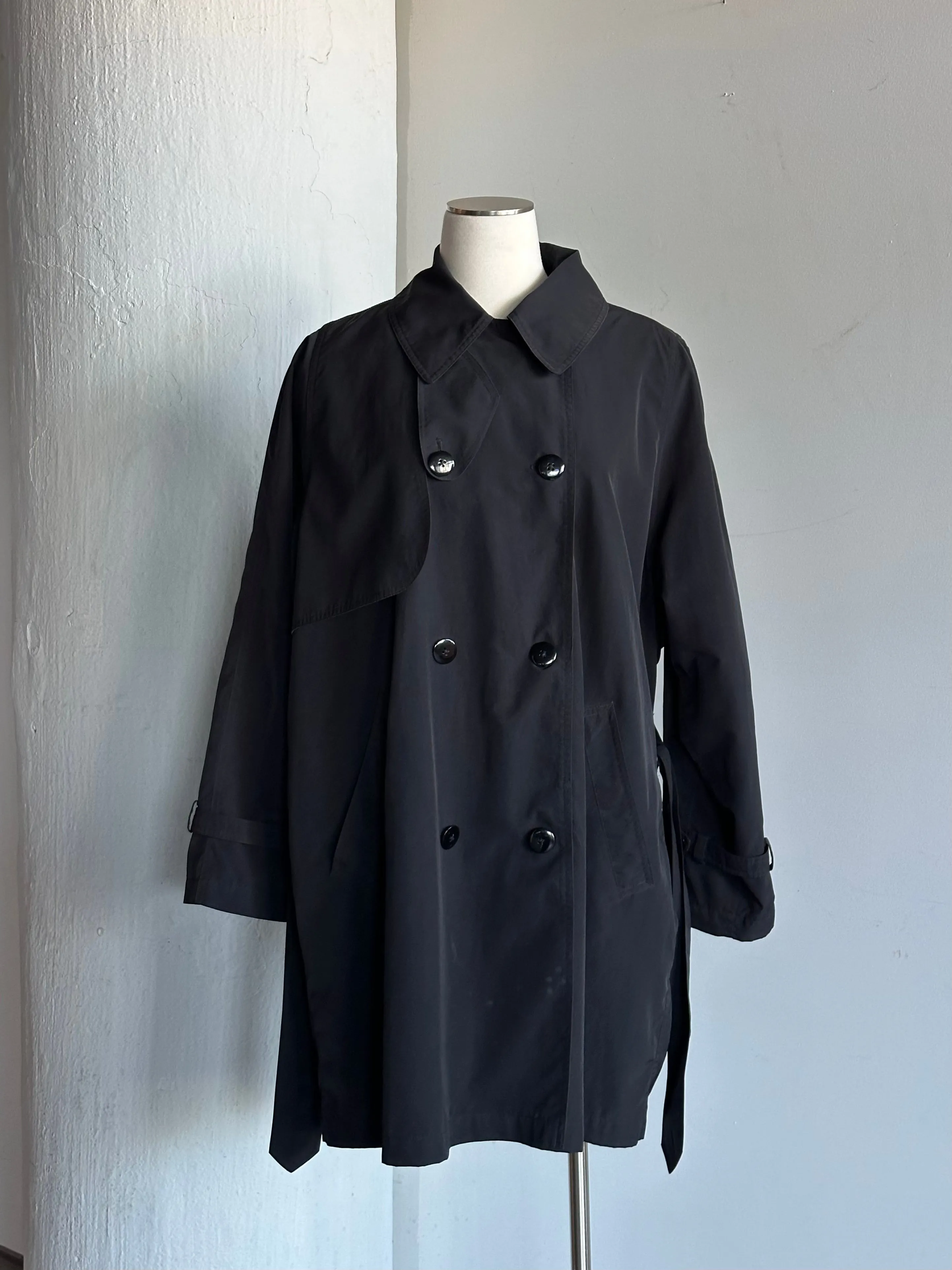 Vintage Black Nylon Medium Length Trench