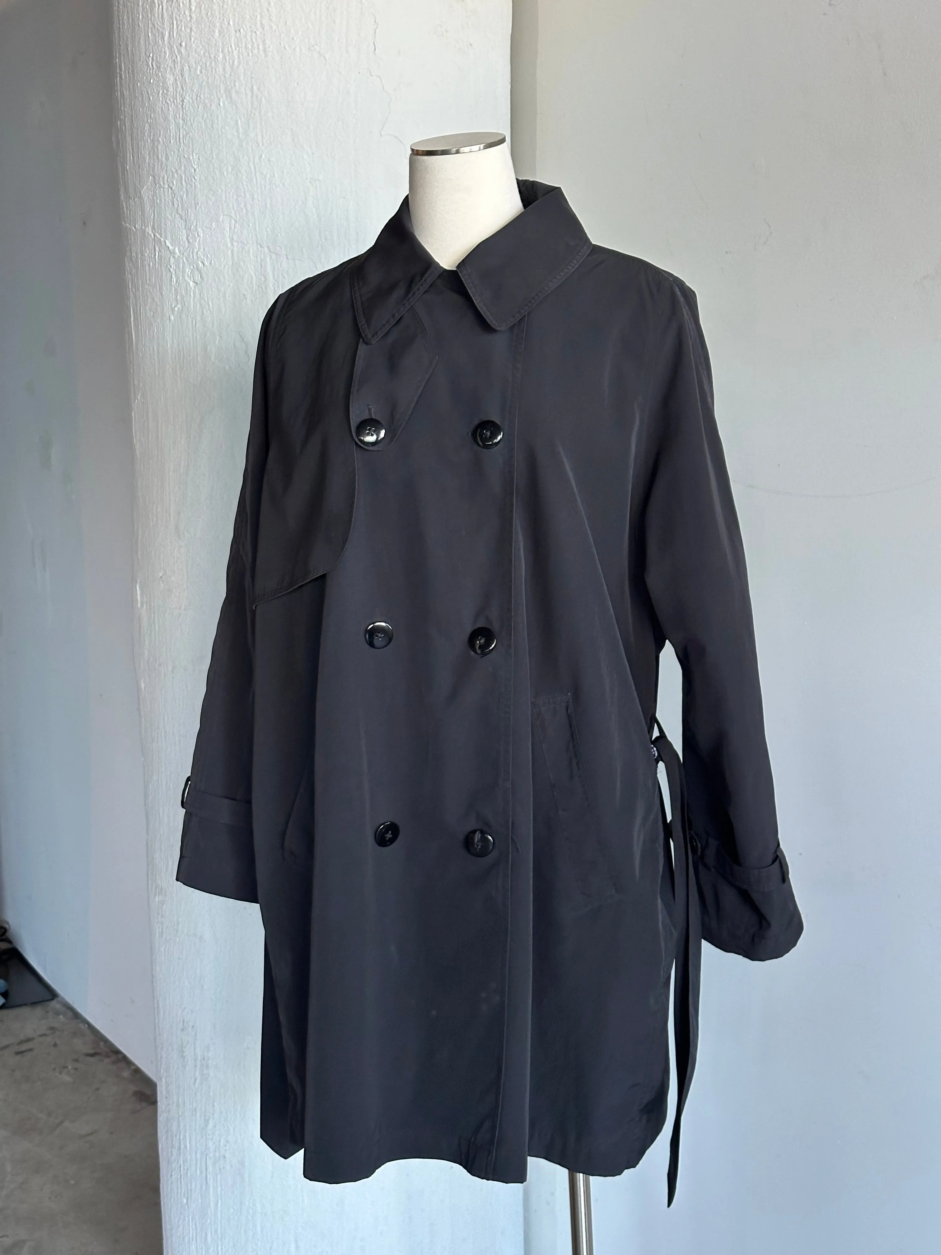 Vintage Black Nylon Medium Length Trench