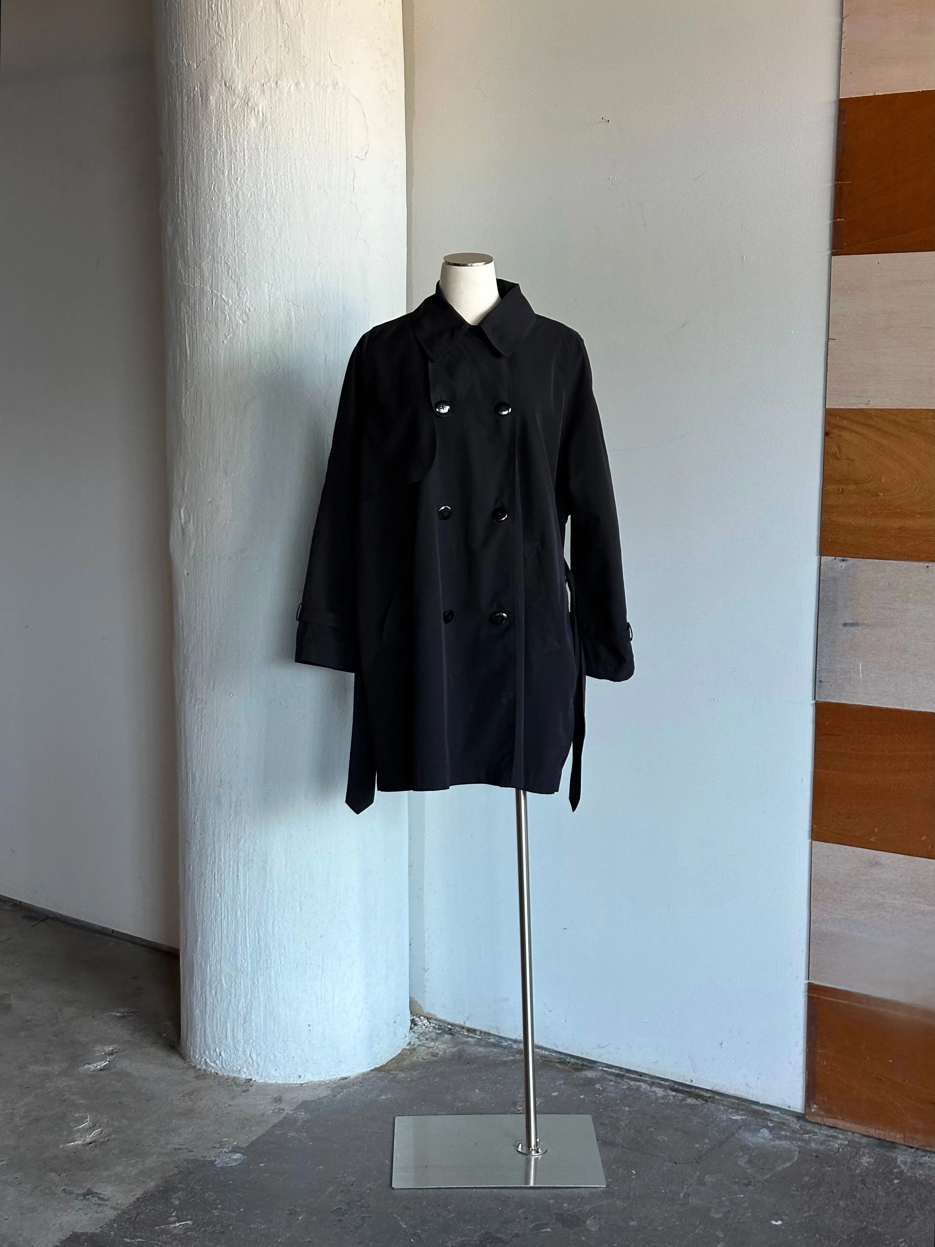 Vintage Black Nylon Medium Length Trench