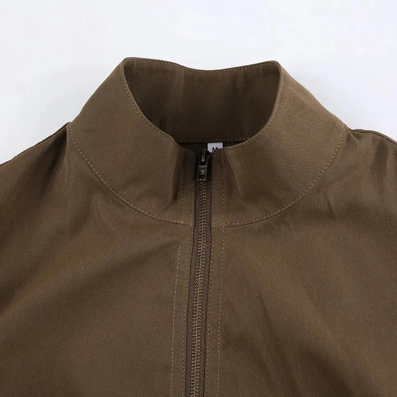 Vintage Y2K Brown Crop Bomber Jacket Turtleneck Zip-Up Fall Winter Coat