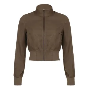 Vintage Y2K Brown Crop Bomber Jacket Turtleneck Zip-Up Fall Winter Coat