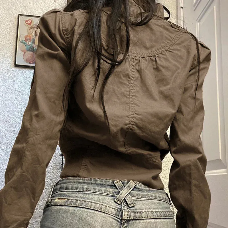 Vintage Y2K Brown Crop Bomber Jacket Turtleneck Zip-Up Fall Winter Coat