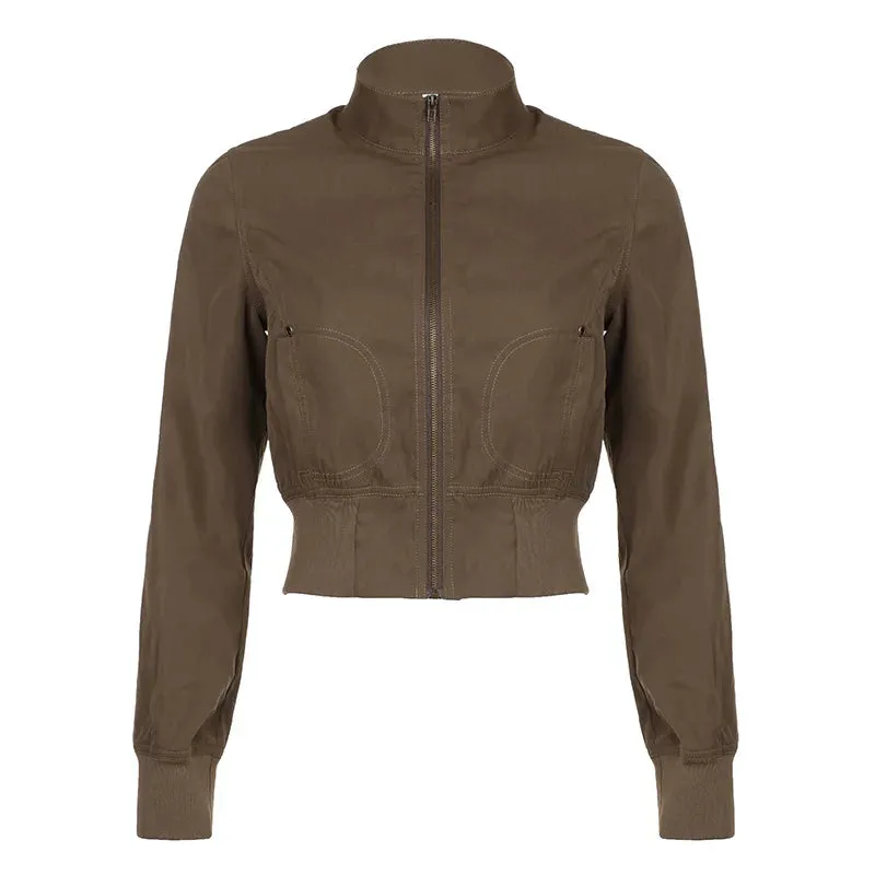 Vintage Y2K Brown Crop Bomber Jacket Turtleneck Zip-Up Fall Winter Coat