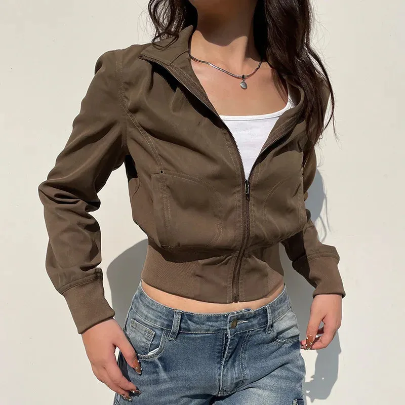 Vintage Y2K Brown Crop Bomber Jacket Turtleneck Zip-Up Fall Winter Coat